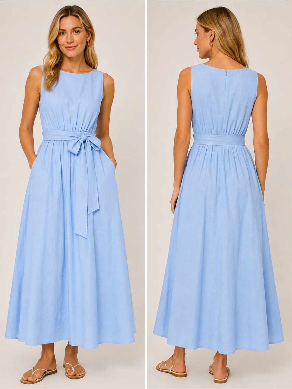 COMMENSE Women’s M Blue Linen Cotton Maxi Dress Belted A-Line NWT